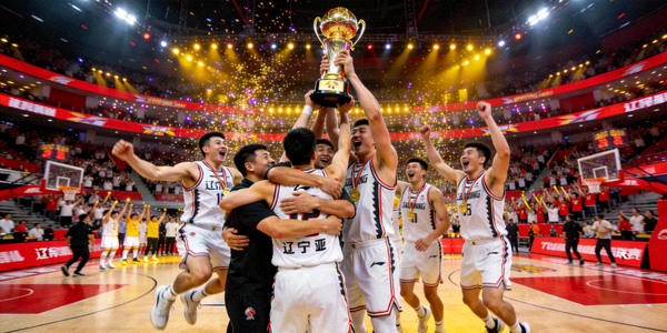 CBA总决赛现场，辽宁队球员庆祝夺冠的激动时刻