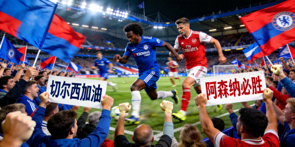 英超联赛切尔西对阵阿森纳的激烈比赛现场，球迷欢呼雀跃